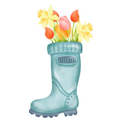 Composition for a postcard: Watercolor floral bouquet in a garden boot vase. Digital cartoon watercolor hand drawn. Rustic country style. summer or spring themed for cards, greetings, invitations