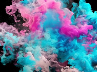 Fototapeta na wymiar Color smoke. Ink water. Paint drop. Fantasy underwater burst. Blue pink contrast fluid splash cloud on dark black abstract art background, Ai Generative