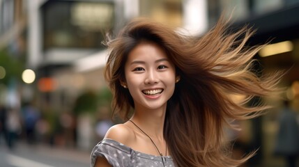 Obraz premium Portrait of young beautiful asian woman with flying hair in the city.Generative Ai