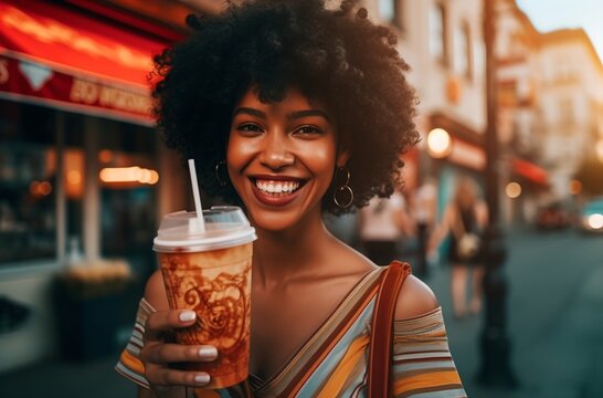 Black woman holds coffee, generative ai, Generative AI