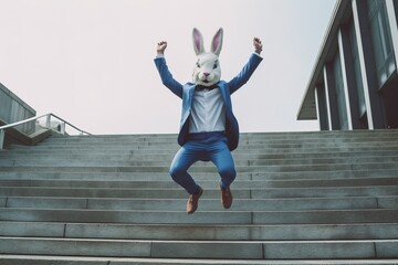 Fototapeta na wymiar Businessman with rabbit head mask jumping off the steps of stair
