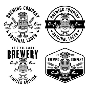 Brewery company set of vector monochrome emblems, badges, labels or logos with beer can smiling character isolated on white background
