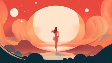 woman walking naked through surreal magic world., Generative AI