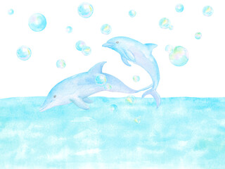 ２匹のイルカがジャンプする楽しい光景。夏向けの水彩イラスト。