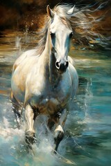 Obraz na płótnie Canvas Horse running through water, dynamic, movement, beautiful oil painting, fine art, award-winning art