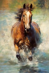 Horse running through water, dynamic, movement, beautiful oil painting, fine art, award-winning art