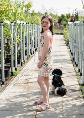 Girl 9 years old with shih-tzu dog chooses plants in greenhouses