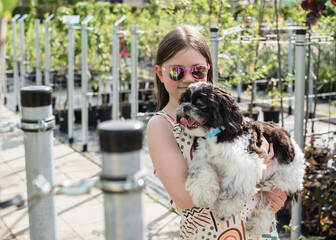 Girl with a Shih Tzu dog in greenhouses on a sunny day. The chil