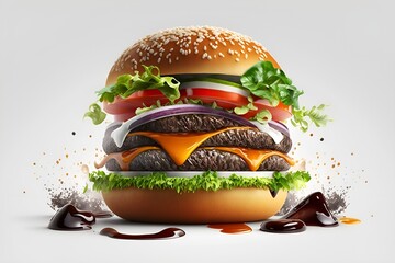 Juicy hamburger on white background. Burger containing meat topped