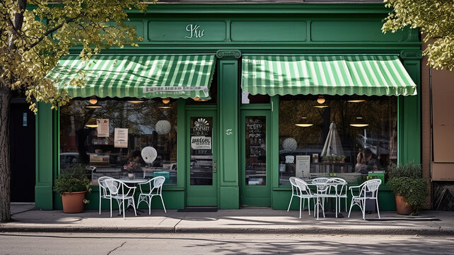 a cafe with beautiful green awnings and chairs. Generative Ai