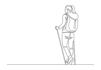 Continuous one line drawing of traveling people with backpack. Single one line art of woman success to hiking on top of mountain. Vector illustration. Pro vector.