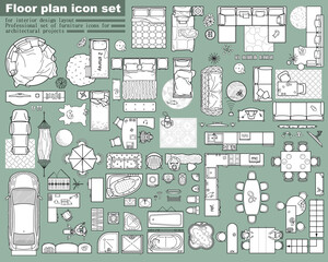 Floor plan icons set for design interior and architectural project (view from above). Furniture thin line icon in top view for layout. Blueprint apartment. Vector - 605904035