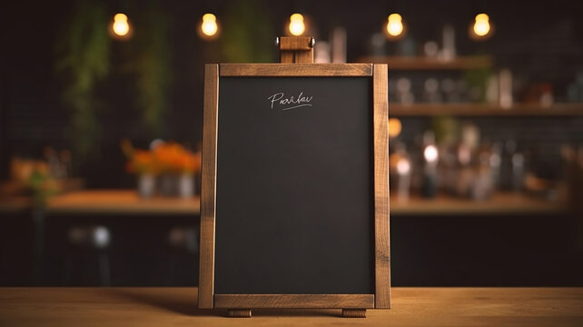 Blank menu board on wooden top table with blurred of coffee shop background. Generative Ai