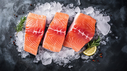 Steaks of raw salmon on ice on a blue slate. Generative Ai - obrazy, fototapety, plakaty