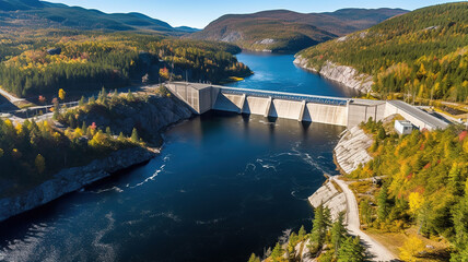 Obraz na płótnie Canvas Aerial panoramic view of Hydroelectric Dam on river. Generative Ai