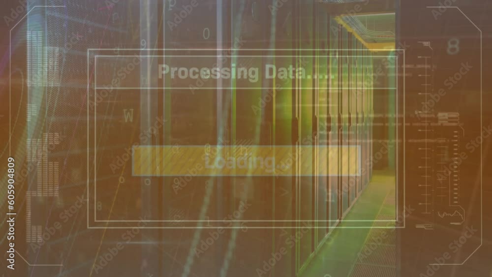 Poster animation of round scanner and cyber security data processing against computer server room