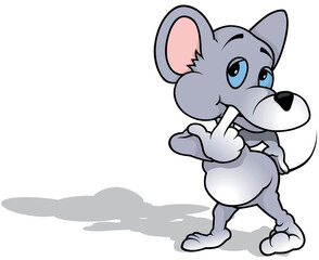 Gray Funny Mouse with a Finger in his Mouth Standing on the Ground
