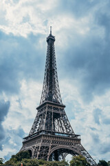 Low angle view of the Eiffel Tower from the Seine, in Paris, France
