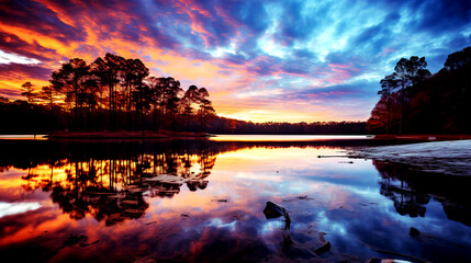 Naklejka na ściany i meble Painted Horizons: Colorful Sunset Illuminates a Scenic Forest Lake