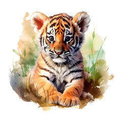 Watercolor little tiger isolated on transparent background. Generative AI