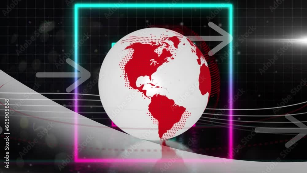 Poster animation of neon square shapes in seamless pattern against spinning globe and arrow icons