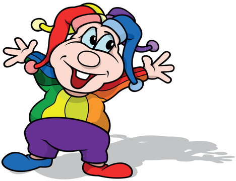 Happy Circus Clown in Colorful Costume with Open Arms and Big Smile