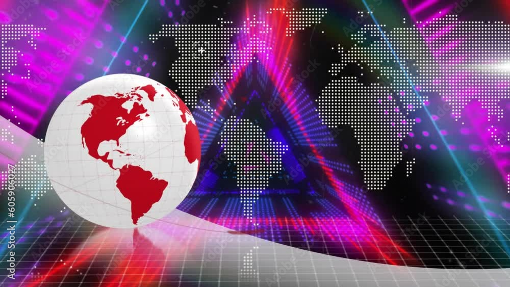 Poster animation of neon triangular shapes in seamless pattern against spinning globe and world map