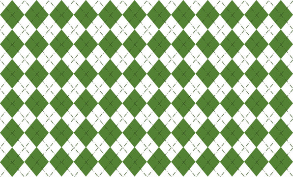Fabric diamond repeating texture on green background. Classic argyle green and dot line diamond on top checkered ornament, green repeat seamless diamond pattern design for fabric printing
