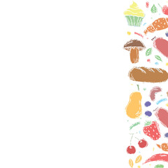 Fototapeta premium Drawn food background. Doodle food illustration with place for text