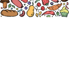 Naklejka premium Drawn food background. Doodle food illustration with place for text