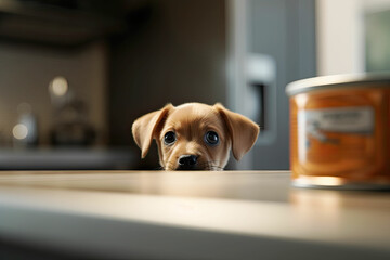 Realistic close up of brown puppy peeking over counter and looking to the container with dog food. Generated Ai