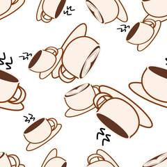 seamless background with hot coffee in cups cartoon repeat pattern, replete image design for fabric printing or cafe wallpaper  coffeeshop wall