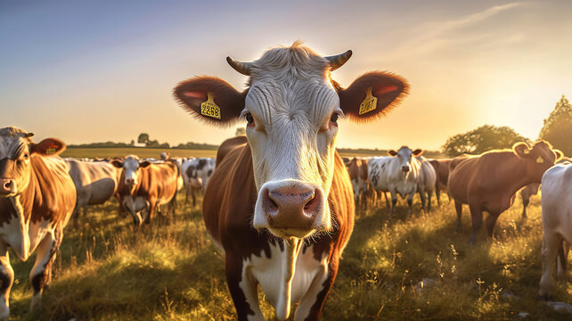 Herd of cows in a green meadow below a blue sky in sunlight in spring. Generative Ai