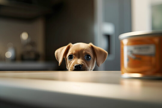 Realistic Close Up Of Brown Puppy Peeking Over Counter And Looking To The Container With Dog Food. Generated Ai