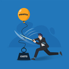 
Businessman cutting the rope about profit balloon and heavi costs burden and left profit fly. Cost reduction concept vector illustration