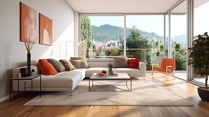 Fototapeta premium Empty living room with hardwood floor in modern apartment. Generative Ai