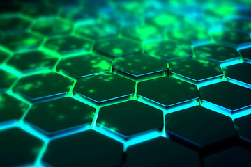green blue neon glowing abstract futuristic background with honeycomb shape in the black background with little bokeh light in the black background. Generative ai.