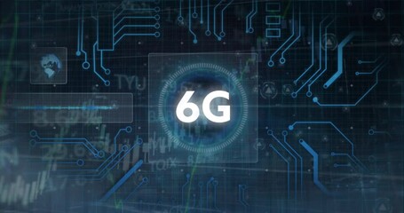 Animation of 6g text and microprocessor connections over financial and stock market data processing - Powered by Adobe