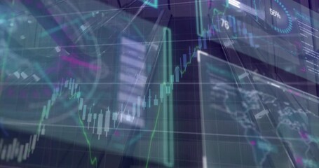 Animation of interface with financial data processing against escalator - Powered by Adobe