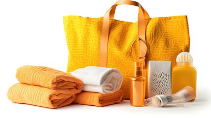 Naklejka premium Beach bag and towel with sunbathing accessories on white background. Generative Ai