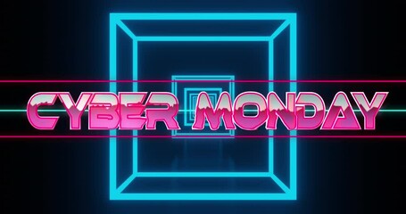 Animation of cyber monday text banner against neon blue square shapes in seamless pattern - Powered by Adobe