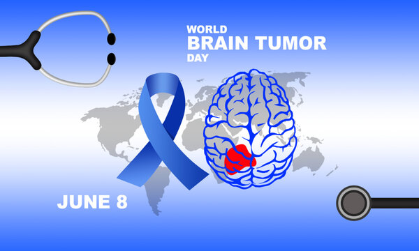 image of brain with tumor symptoms and light blue ribbon with world map and stethoscope frame and bold text commemorating World Brain Tumor Day on June 8
