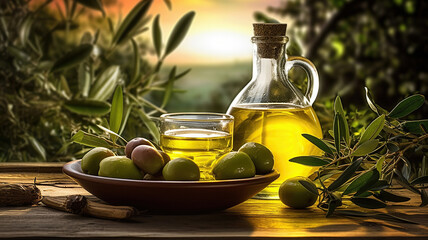 Olive oil and olive branch on the wooden table. Generative Ai