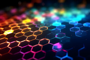 Obraz premium vibrant neon glowing abstract futuristic background with honeycomb shape in the black background with little bokeh light in the black background. Generative ai.