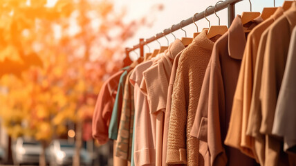 Fototapeta na wymiar Hanger stand with autumn warm clothes. Generative Ai