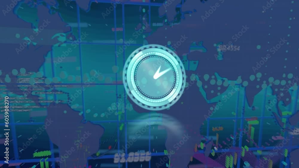 Poster animation of neon ticking clock over financial data processing against world map on blue background