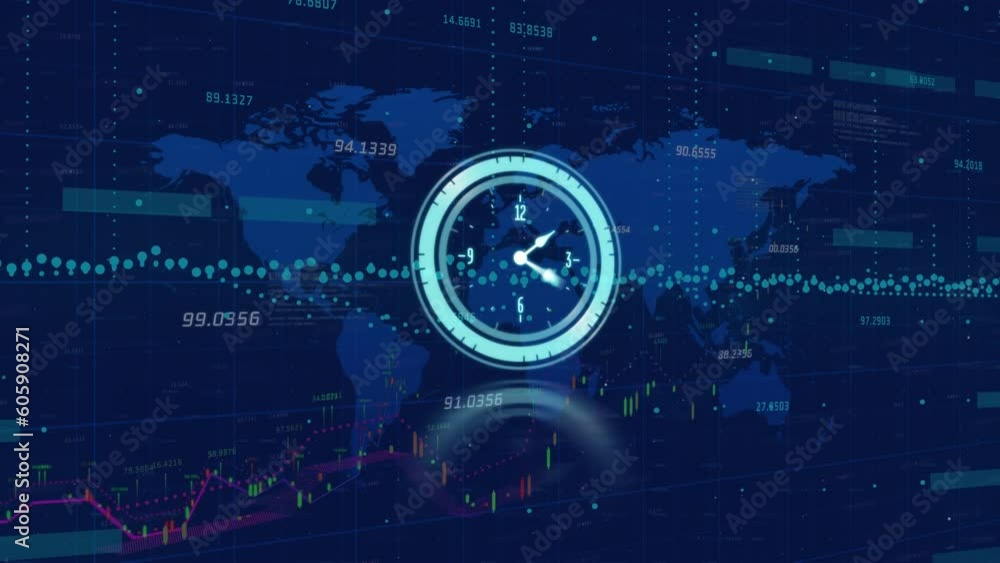 Poster animation of neon ticking clock over financial data processing against world map on blue background