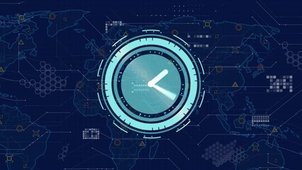 Animation of neon ticking clock over world map and data processing against blue background - Powered by Adobe