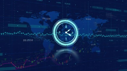 Animation of neon ticking clock over financial data processing against world map on blue background - Powered by Adobe