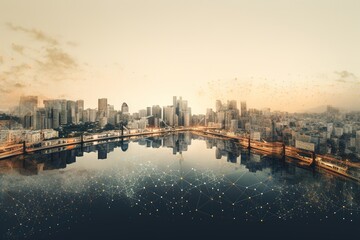 Fototapeta premium panoramic view of a city skyline with a river. Generative AI